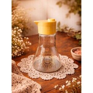 Vintage Glass Syrup Dispenser Yellow Lid Gold Atomic Starburst Retro Kitchen